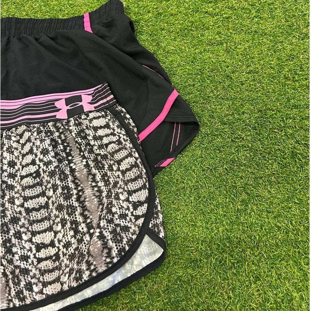 Under Armour Womens Fly By Running Shorts Bundle Black Pink Snakeskin Print 2pk